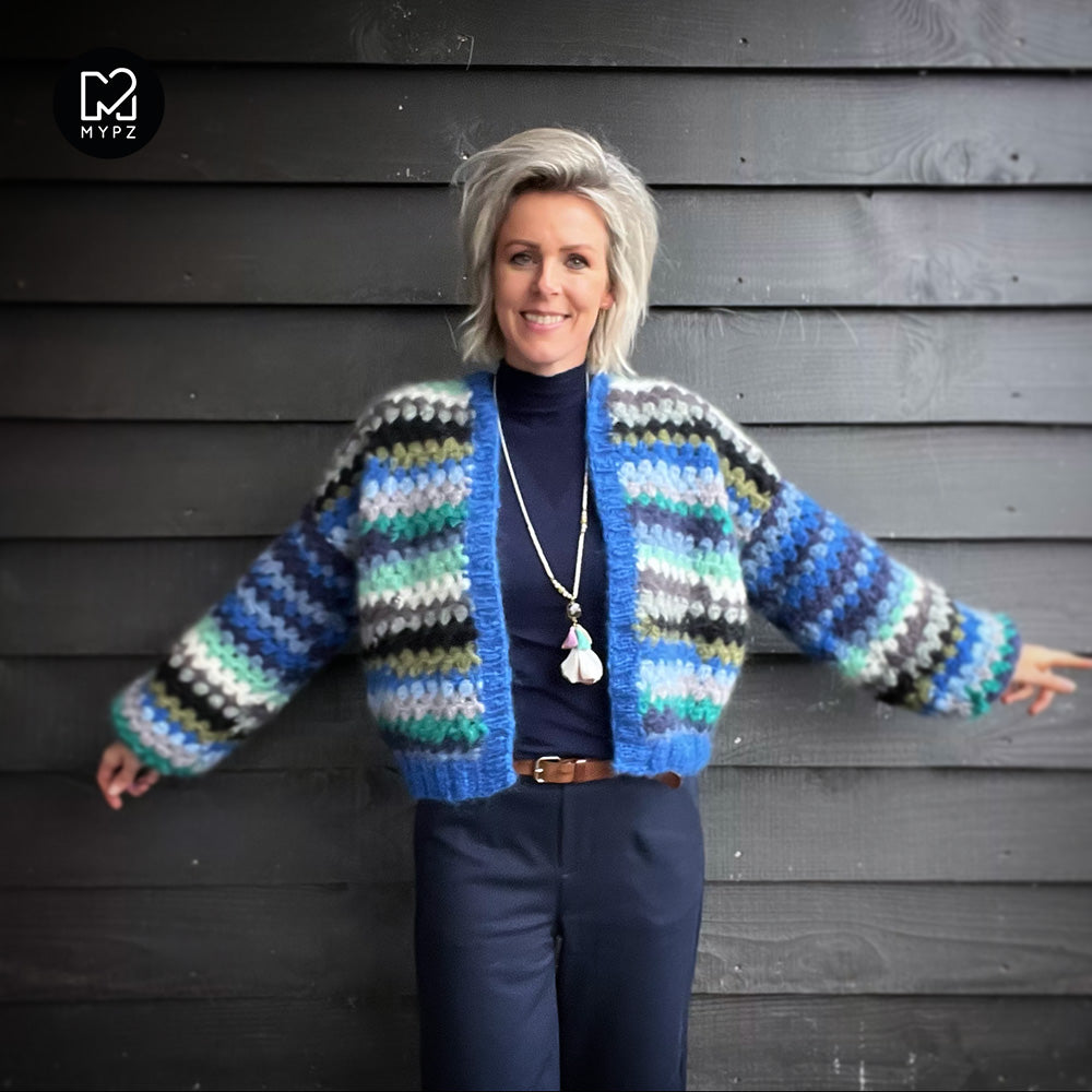 Crochet kit - MYPZ Short Mohair Granny stripes cardigan Jeans (ENG-NL)