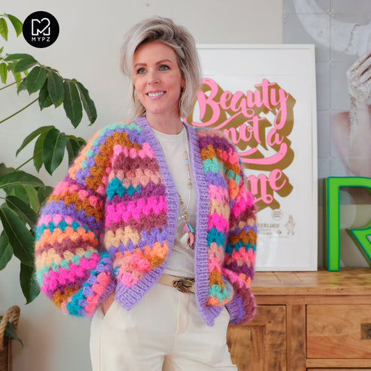 Kit per uncinetto – MYPZ cardigan a righe granny in mohair Fiesta (ENG-NL-DE)