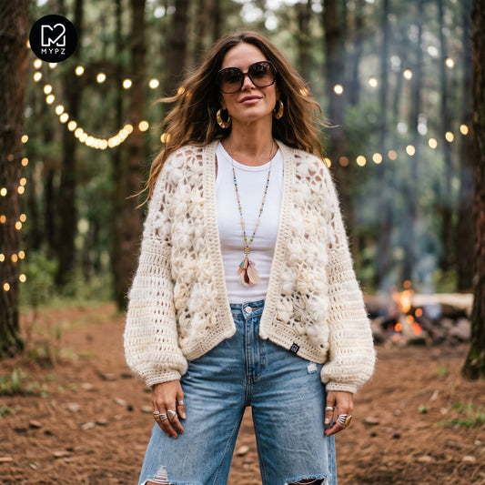 Kit per uncinetto - cardigan bomber corto MYPZ Wildflower Off White (ENG-DE-NL-ES-FR-IT-DA-SV-NO)