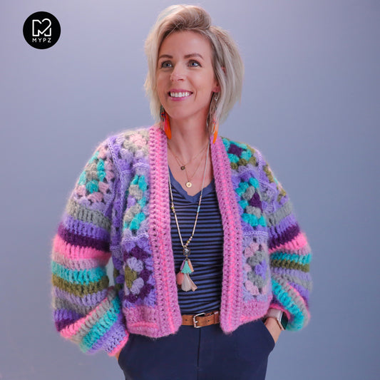 Kit per uncinetto - Cardigan MYPZ Granny in mohair Purple Candy (ENG-NL-DE)