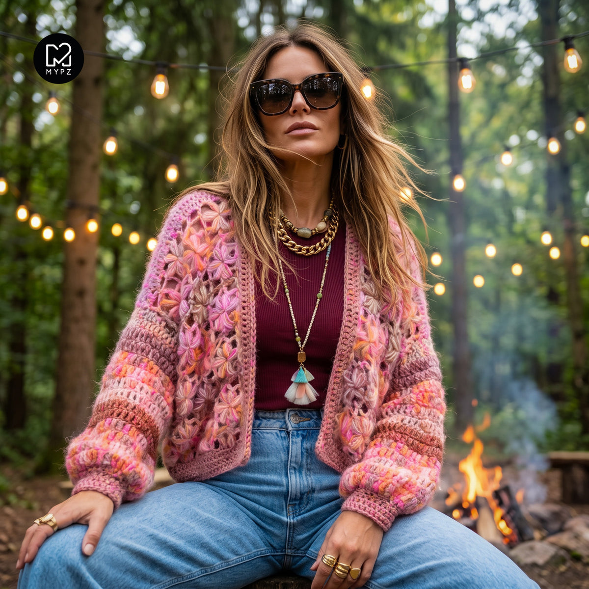 Schema all’uncinetto - cardigan corto MYPZ Wildflower Pecan (ENG-DE-NL-ES-FR-IT-DA-SV-NO)