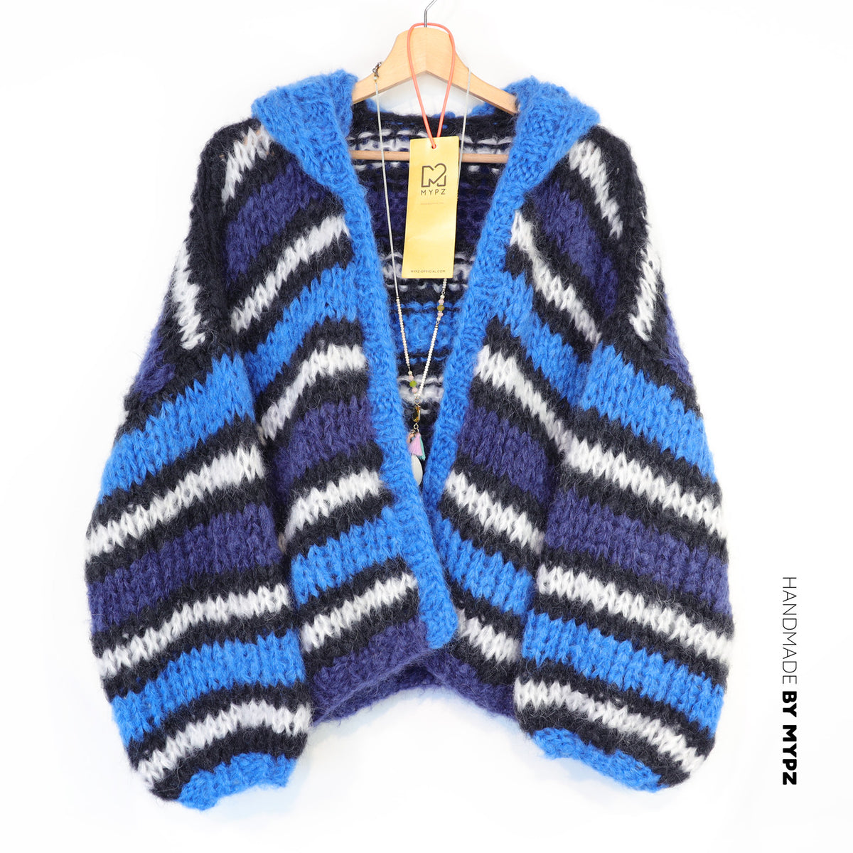 Schema di lavoro a maglia – MYPZ Hooded Chunky Mohair Bomber Cardigan Blu n.15 (ENG-DE-NL-ES-FR-IT-DA-SV-NO)