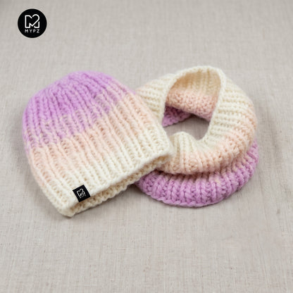 Kit per maglia - cappello + scaldacollo in alpaca grossa sfumata Powder (ENG-DE-NL-ES-FR-IT-DA-SV-NO)