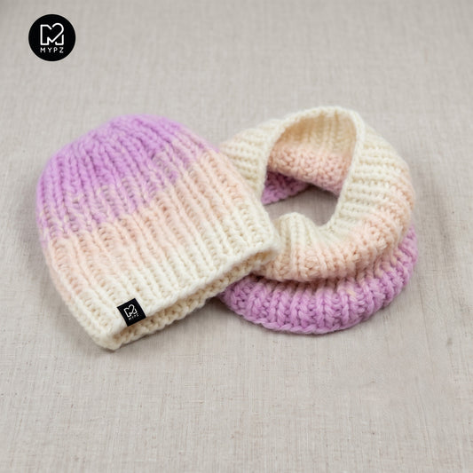 Kit per maglia - cappello + scaldacollo in alpaca grossa sfumata Powder (ENG-DE-NL-ES-FR-IT-DA-SV-NO)